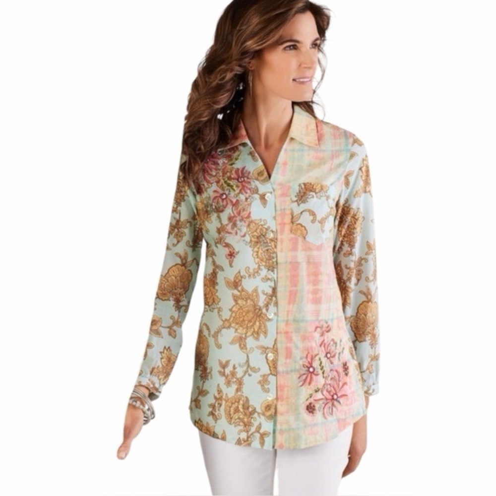 SOFT SURROUNDINGS women’s XL shirt Tunic button down Descansa Aquatic Multi